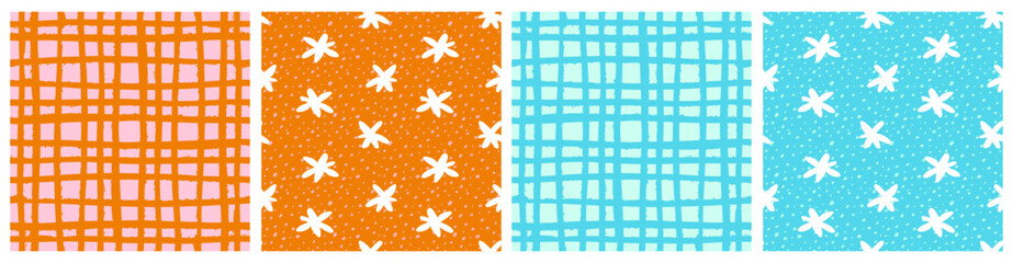 Hand Drawn Childish Style Seamless Vector Patterns. Abstract Doodle Style Grid and White Flowers Isoalted on a Bright Blue and Orange Background. Cute Simple Irregular Geometric Endless Print. RGB.