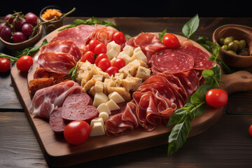 Richly adorned charcuterie board in the shape of heart overflowing with a selection of cured meats, mixed cheeses, cherry tomatoes, and fresh herbs. For sophisticated appetizer setting.Valentine's Day