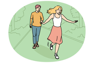 Happy young couple walking together in park. Smiling man and woman enjoy romantic date in summer forest. Relationships. Vector illustration.