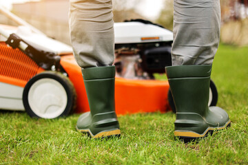 Cropped photo of male gardener legs in rubber boots stands on cut green grass lawn at backyard of...