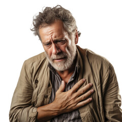An older man feeling pain in his chest with a worried face