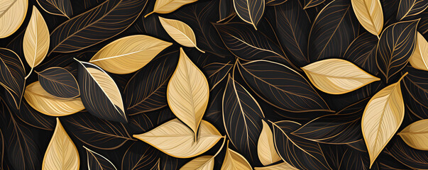 golden and black leaves pattern on a black background, elegant banner