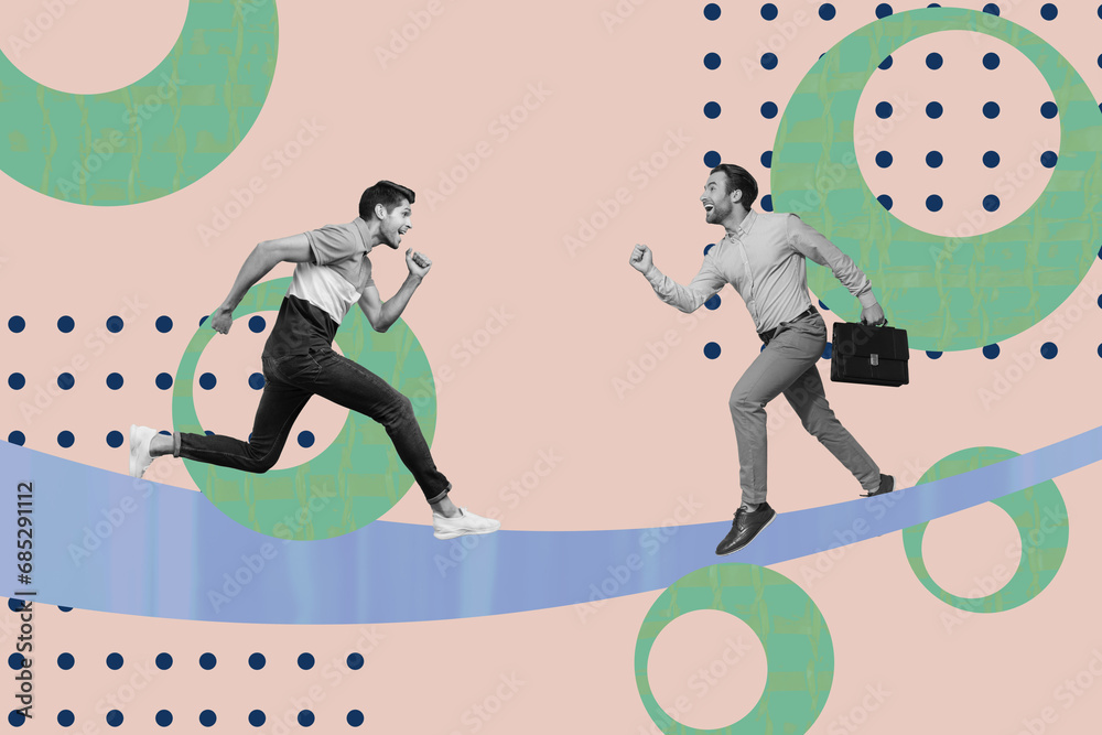 Poster creative trend collage of two funny guys running together working partners entrepreneurs workers biz