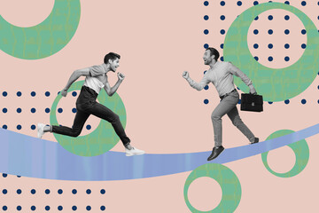 Creative trend collage of two funny guys running together working partners entrepreneurs workers...