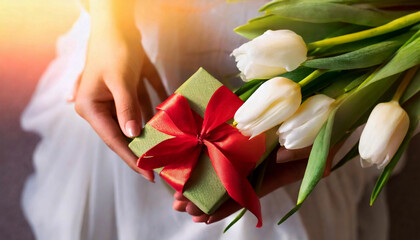 Woman holding a gift package prepared for Valentine's Day between her hands and tulip bouquets. Valentine's Day concept