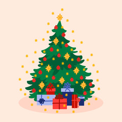 Christmas tree with gift concept with character scene. Festive tree with lights, balls and toys decoration and different gift boxes, isolation on background. Vector illustration in flat cartoon design