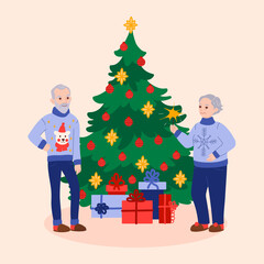 Family celebrating Christmas concept with character scene. Elderly couple in ugly sweaters holding sparkler standing by festive tree with toys and gifts. Vector illustration in flat cartoon design