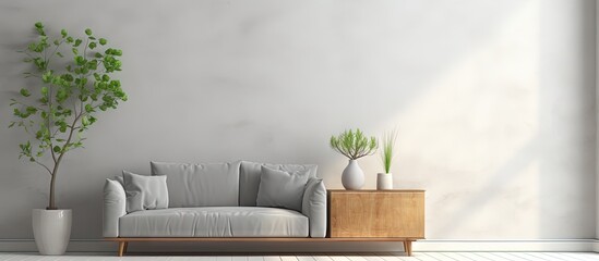 Photo of a simple Scandinavian living room with a gray interior window cabinet with a plant grey sofa and table with a cup copy space image