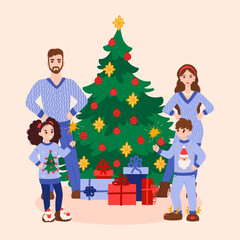 Obraz na płótnie Canvas Family celebrating Christmas concept with character scene. Parents and children in cute ugly sweaters hold sparklers by festive tree with toys and gifts. Vector illustration in flat cartoon design