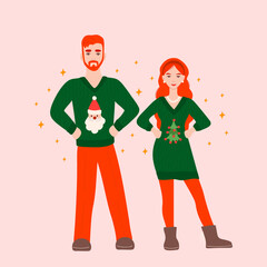 Family celebrating Christmas concept with character scene. Couple in ugly sweaters with Santa Claus head and festive tree with balls. Vector illustration in flat cartoon design isolated on background