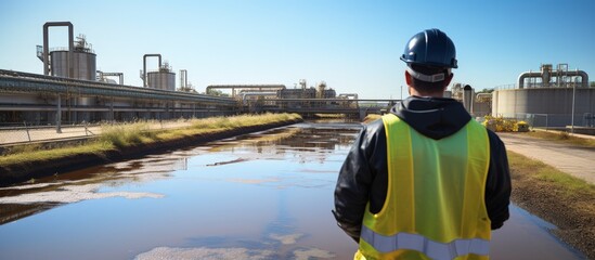 Obraz premium Technician ensuring pollution control in wastewater treatment plant Worker in waste water treatment pond industry copy space image