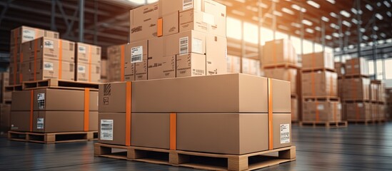 Stacked cardboard boxes wrapped in plastic are stored inside a warehouse on pallet racks with L shaped cardboard angle protectors copy space image - obrazy, fototapety, plakaty