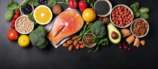 Smart carbohydrate rich vitaminized antioxidant rich foods for diabetic diet copy space image - obrazy, fototapety, plakaty