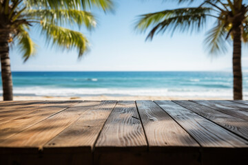 Fototapeta premium Empty wooden table with tropical beach theme in background. Generative Ai