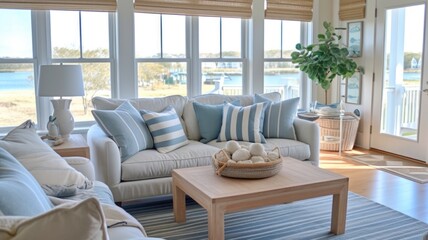 Living room decor, home interior design . Coastal Scandinavian style with Large windows with ocean view decorated with Linen and Wood material . Generative AI AIG26.
