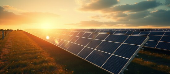 Solar panels in fields provide green energy and innovate the electrical landscape of the natural environment at sunset copy space image