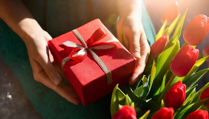 Woman holding a gift package prepared for Valentine's Day between her hands and tulip bouquets. Valentine's Day concept - obrazy, fototapety, plakaty