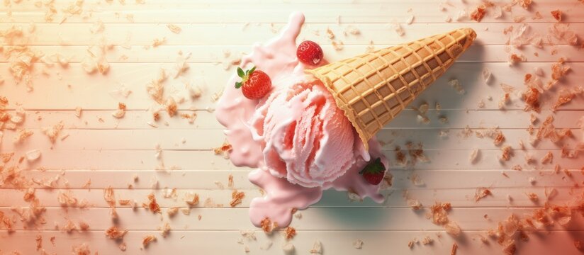 Melting Strawberry Ice Cream And Waffle Cone On The Ground Under Summer Light Copy Space Image