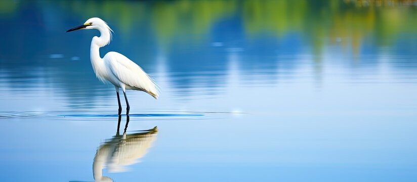 Snowy egret hunting over serene lake copy space image