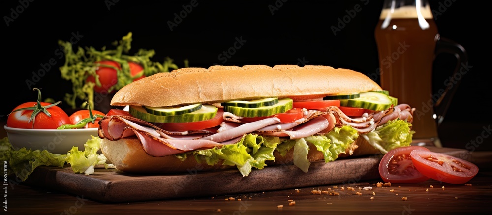 Poster Sub sandwich and coke on table focused and space for copy copy space image