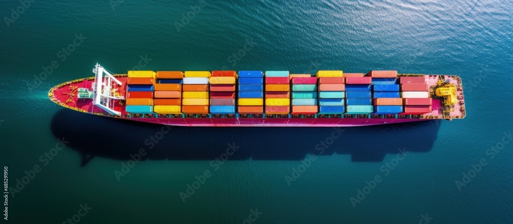 Poster ocean freight transportation with cargo container ship in factory harbor for import export providing