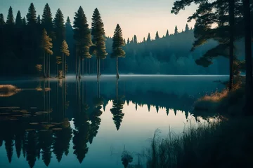 Foto auf Acrylglas Wald im Nebel Imagine a tranquil lakeside scene, where a mirror-like lake reflects the surrounding forest, shrouded in the soft hues of twilight.