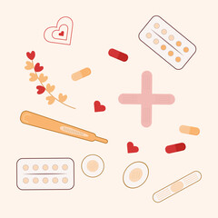 Medicine elements vector set. Illustration first aid box, pills, plaster, thermometer, heart.
