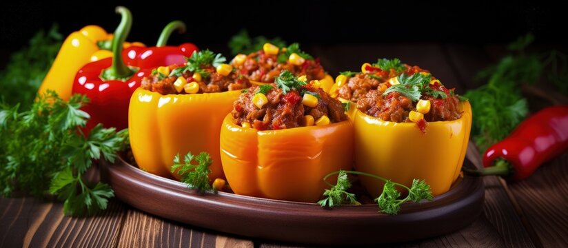 Peppers filled with ground meat beans and corn copy space image