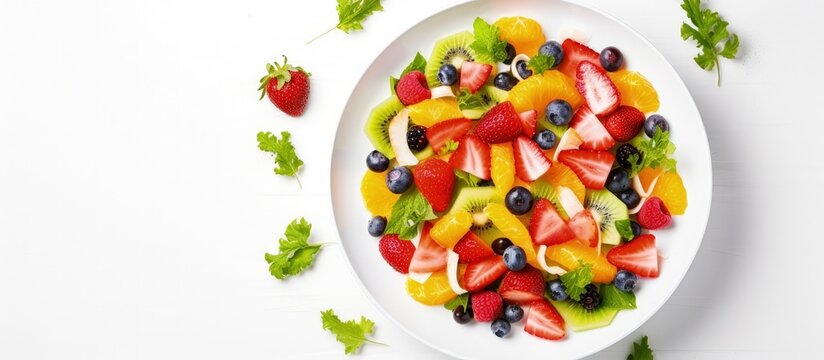 Mixed fruit and vegetable salad displayed from above on a white plate copy space image