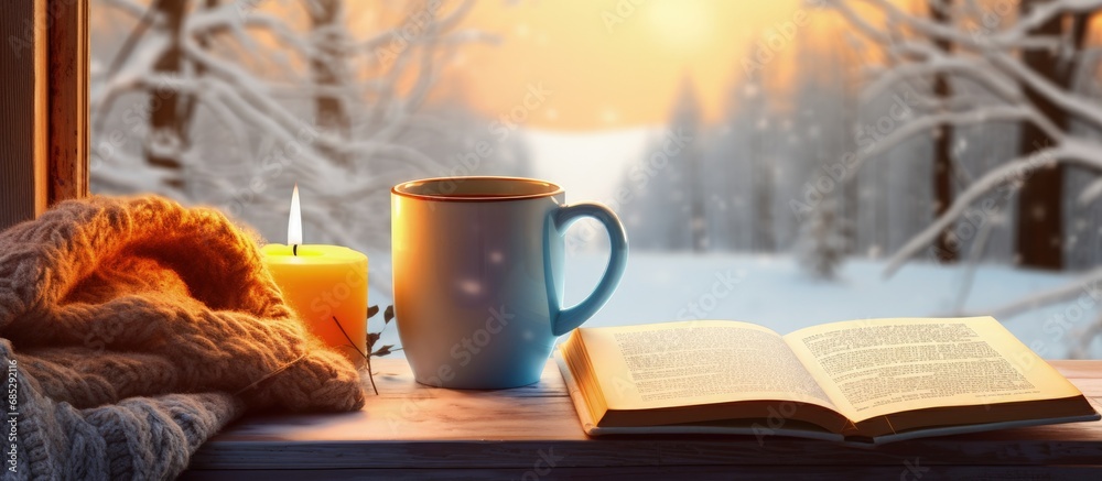Poster snowy landscape seen from inside through a vintage windowsill with a hot mug of tea and an open book