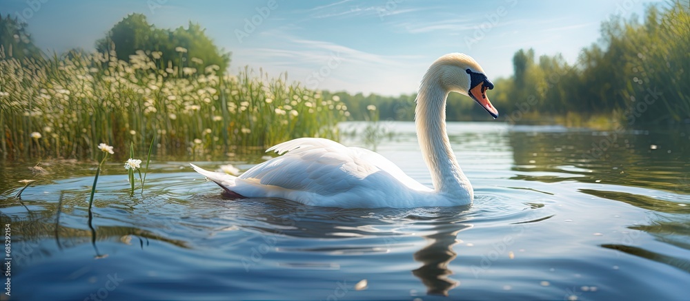 Poster photographing a beautiful swan in danube delta romania displaying nature s diverse ecosystem copy sp