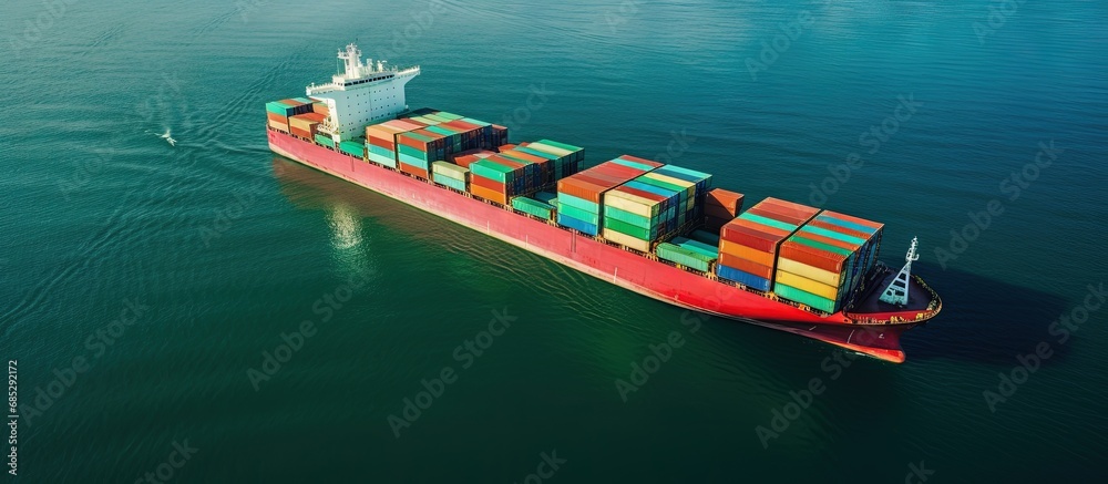 Poster ocean freight transportation with cargo container ship in factory harbor for import export providing