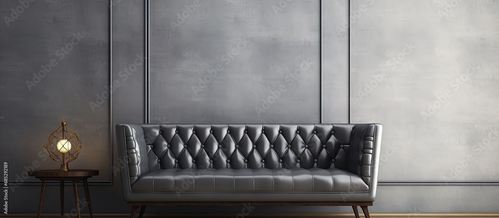 Poster spacious high end home with a gray midcentury loveseat copy space image