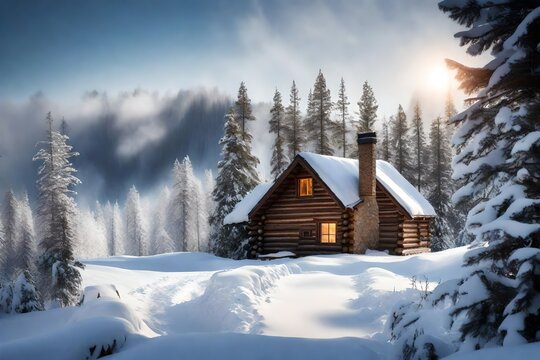 Imagine a winter wonderland with a snow-covered, remote cabin nestled in a pine forest, smoke rising from its chimney into the crisp, cold air.