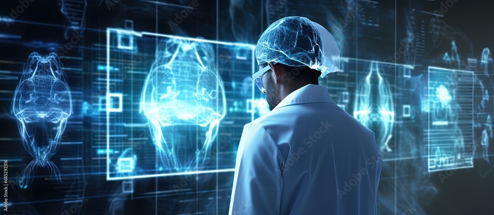 Aufkleber surgeon diagnosing and analyzing health on virtual screen connected to global medical network copy s