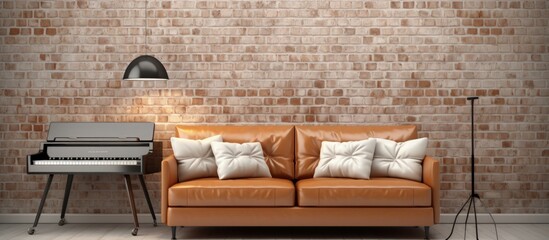 Stylish living room with a modern synthesizer sofa and brick wall copy space image