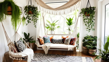 A Bohemian inspires living space boasting a macrame hammock, eclectic throw pillows ai generative