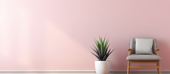 Pink potted aloe on wooden table in pastel apartment with plants and armchair near sofa with cushions copy space image