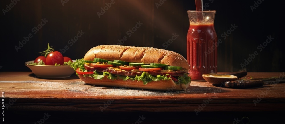 Poster Sub sandwich and coke on table focused and space for copy copy space image