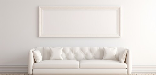 Detailed view of a white empty frame on a light wall, harmonizing with a sophisticated, creamy sofa