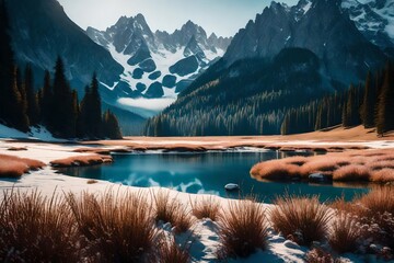 Envision a tranquil, snow-covered alpine meadow, with a pristine mountain lake and the first light of dawn gently painting the scene. - obrazy, fototapety, plakaty