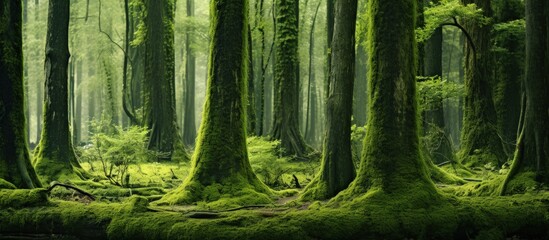 Moss covers tree trunks in green forest copy space image - obrazy, fototapety, plakaty