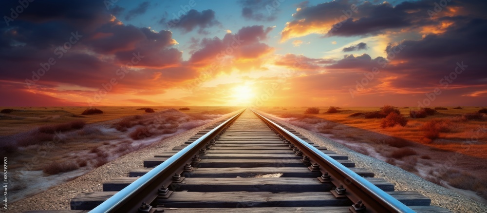 Poster sunset railway meets old tracks copy space image