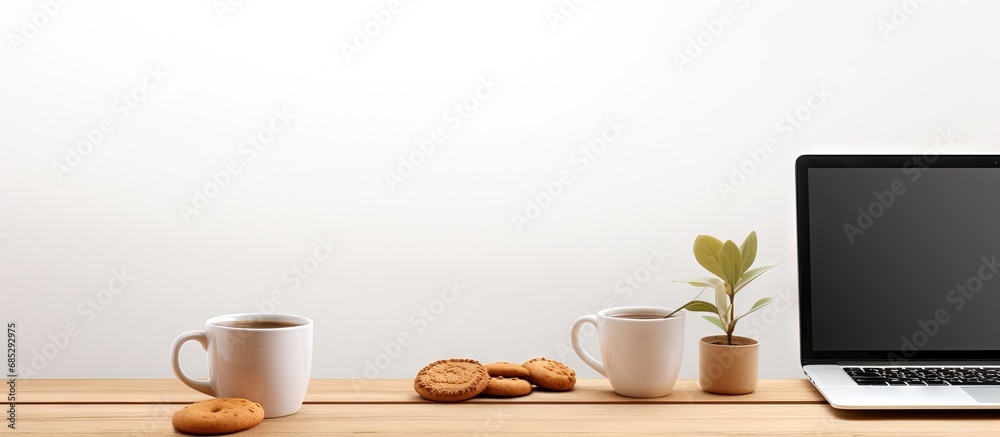 Fototapete minimal modern workspace with a computer coffee and biscuits copy space image