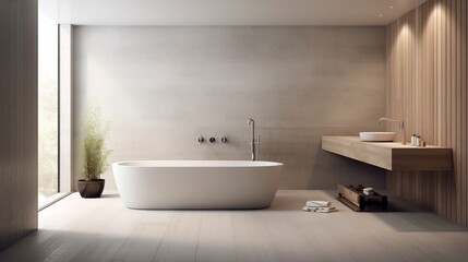 Low-key luxe minimalist bathroom with standalone bathtub and open shower AI generated illustration