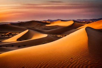 Abwaschbare Fototapete A Photograph capturing the serene beauty of a desert landscape at twilight, as the warm hues of the setting sun kiss the sand dunes in a graceful embrace. © COLLECTION OF AI