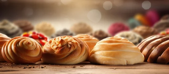Photo sur Plexiglas Boulangerie Mexican bakery selling traditional Conchas sweet bread copy space image