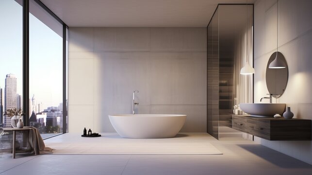 Low-key luxe minimalist bathroom with standalone bathtub and open shower  AI generated illustration
