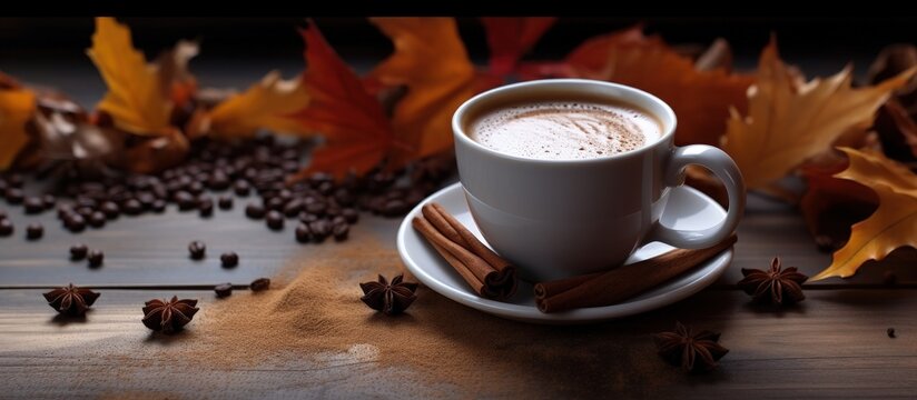 Spiced hot cocoa on old wooden boards copy space image