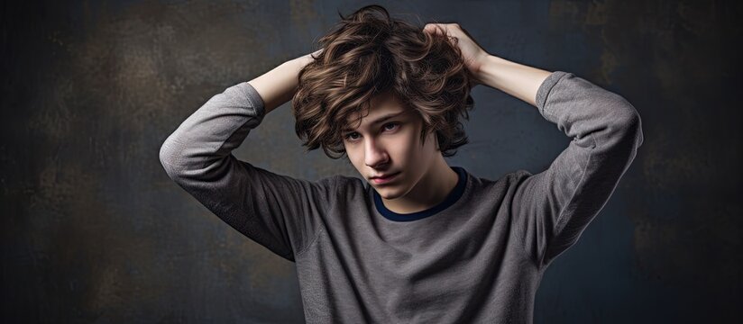 Thoughtful teen boy touching hair in contemplation copy space image